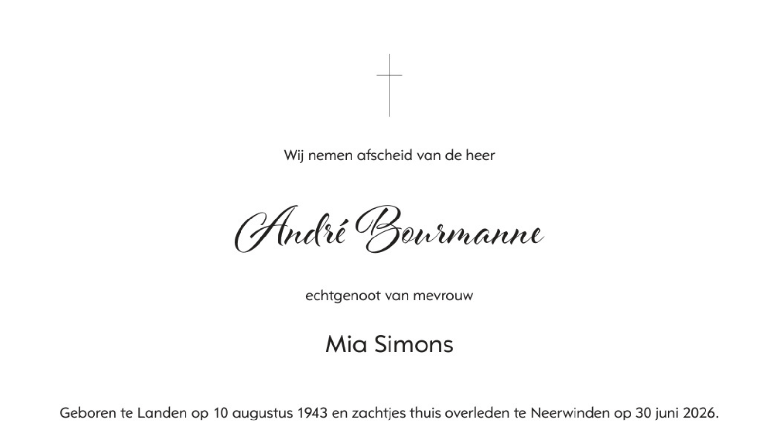 Overlijdensbericht van André Bourmanne