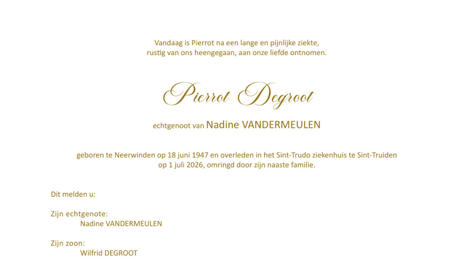 Overlijdensbericht van Pierrot Degroot