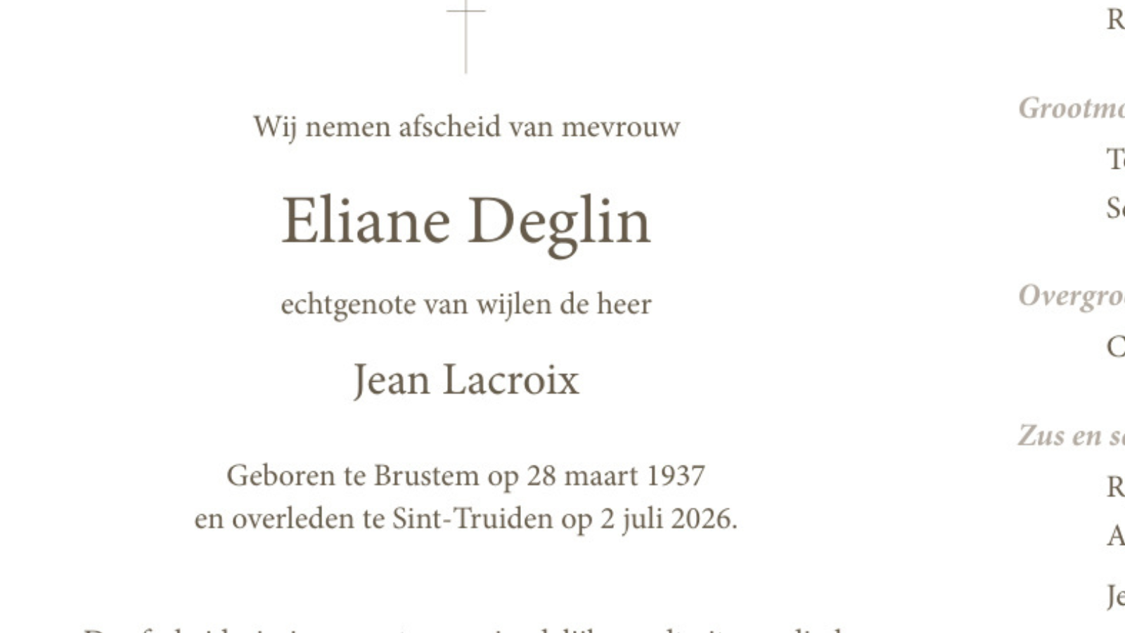 Overlijdensbericht van Eliane Deglin
