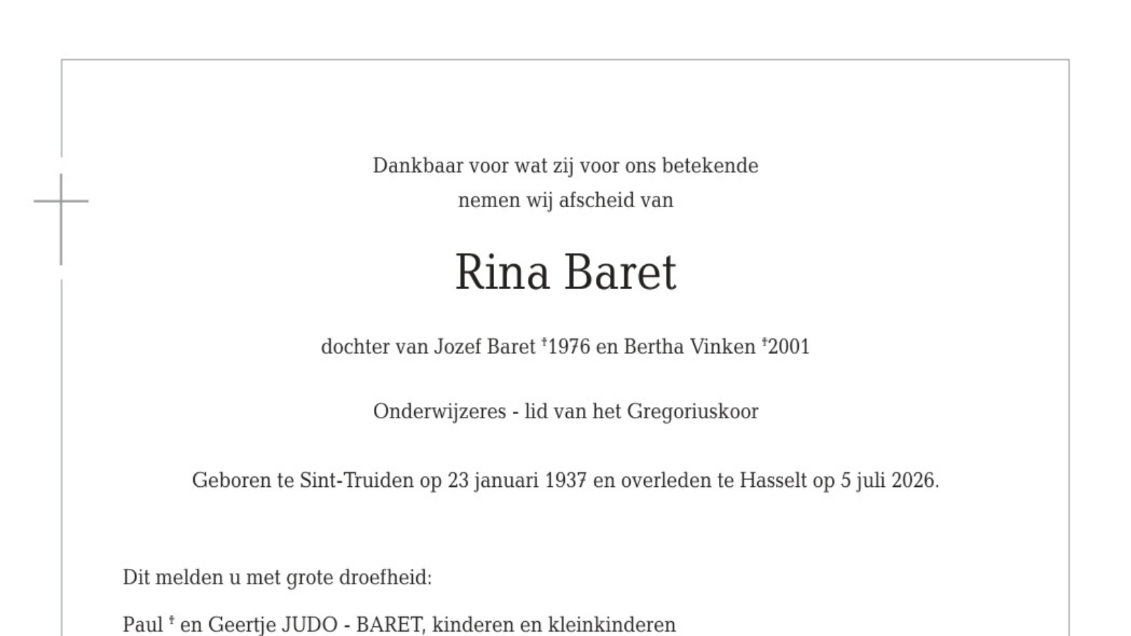 Overlijdensbericht van Rina Baret