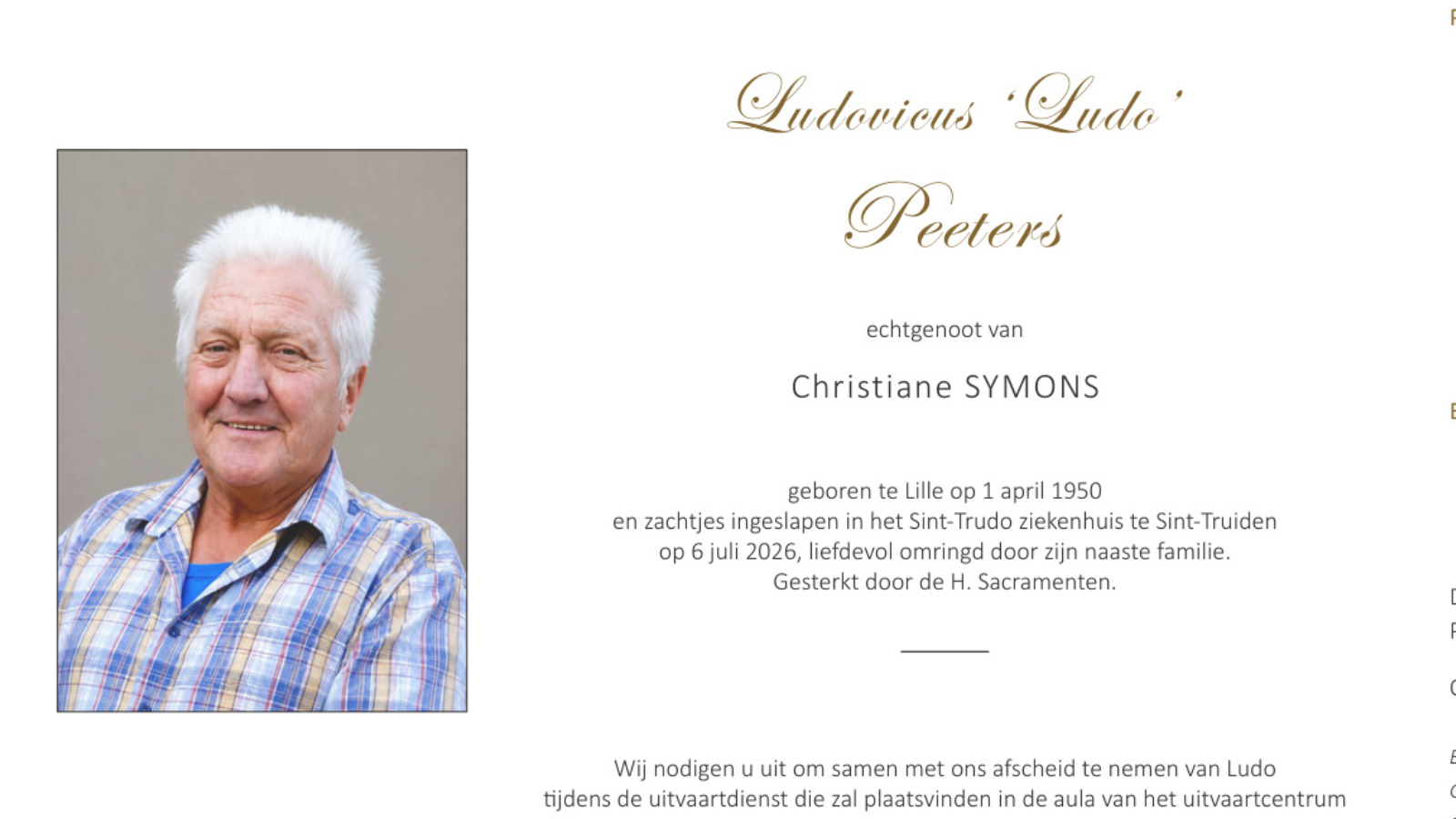 Overlijdensbericht van Ludovicus ‘Ludo’Peeters