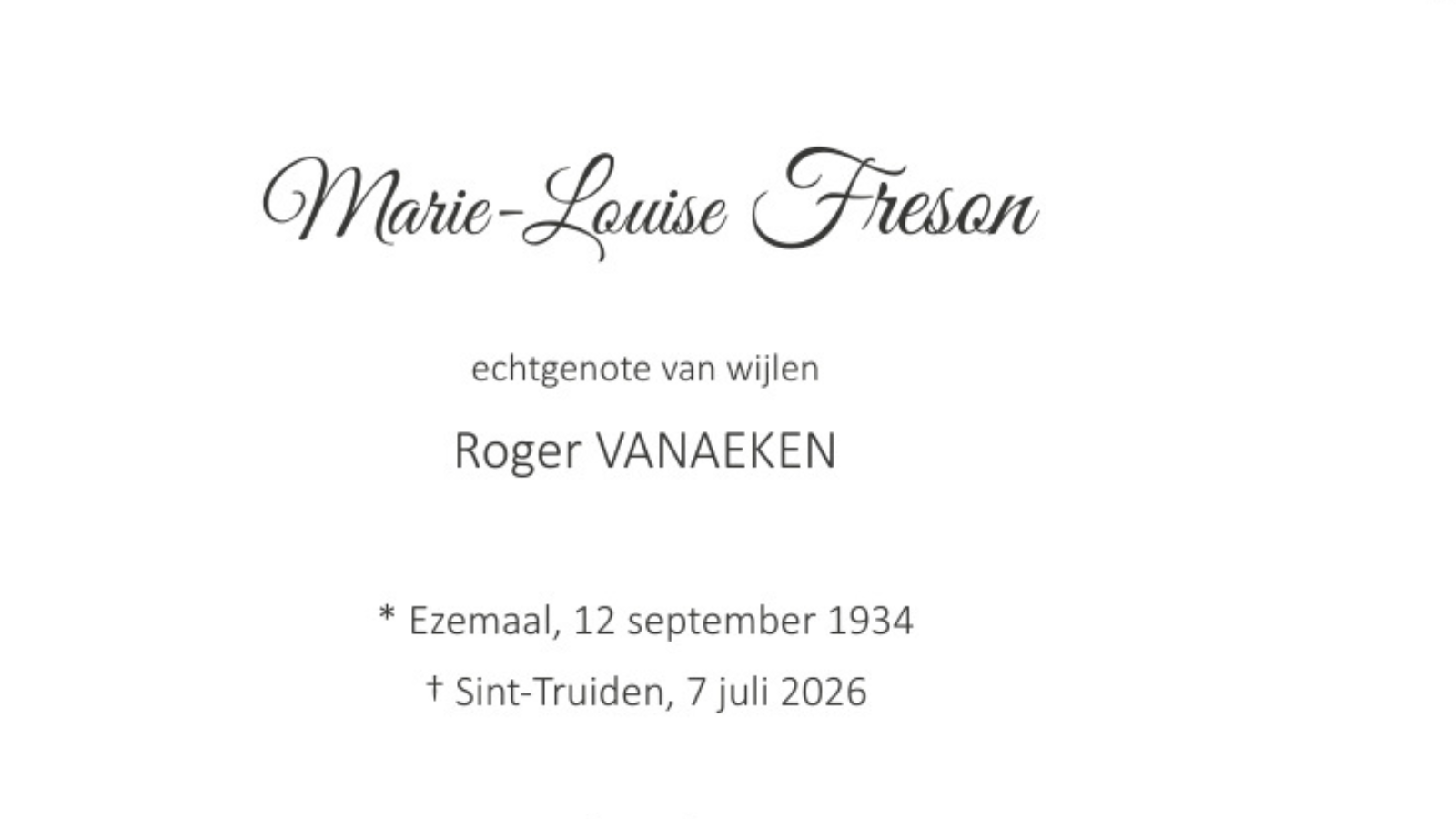 Overlijdensbericht van Marie-Louise Freson