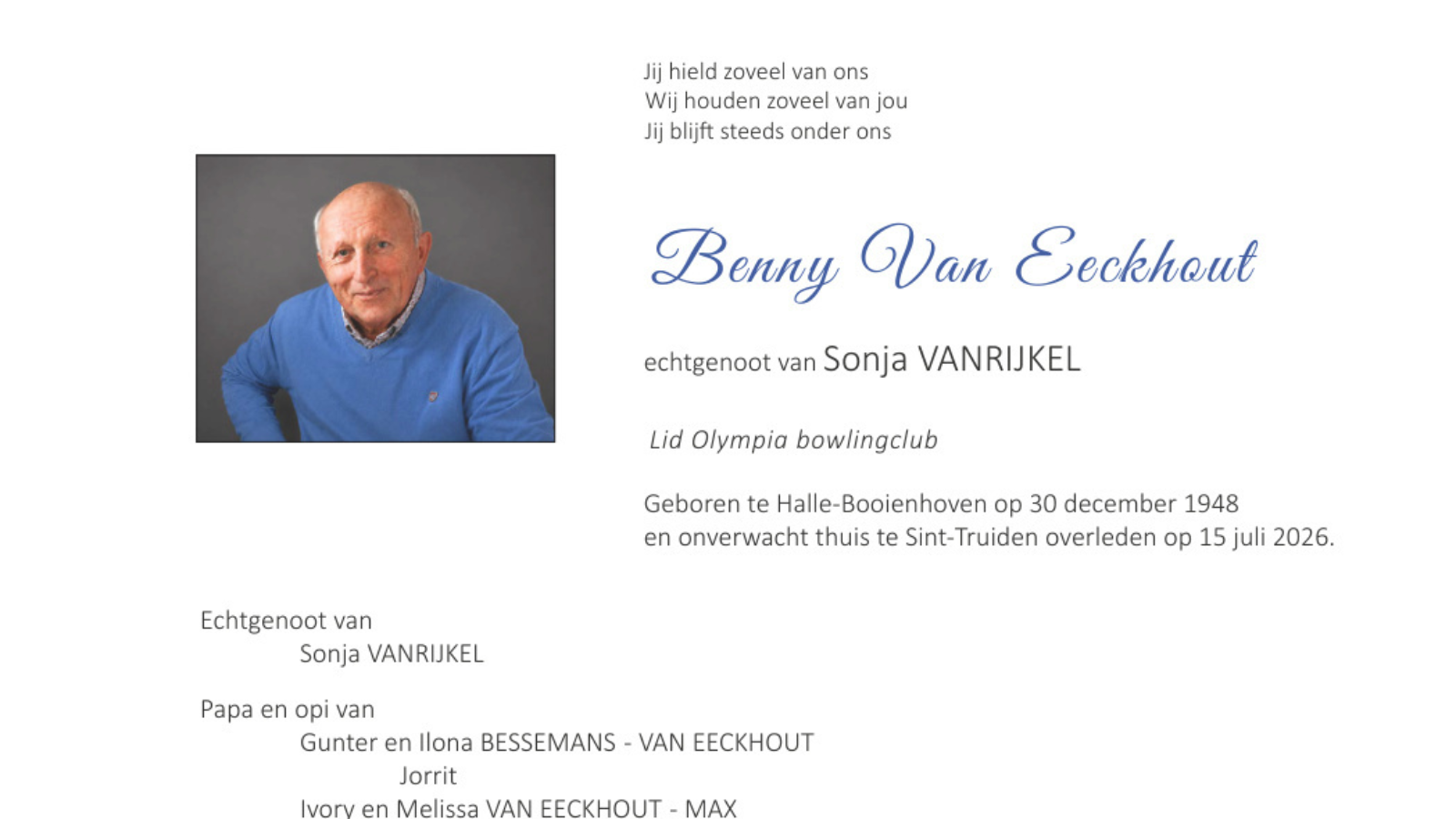 Overlijdensbericht van Benny Van Eeckhout