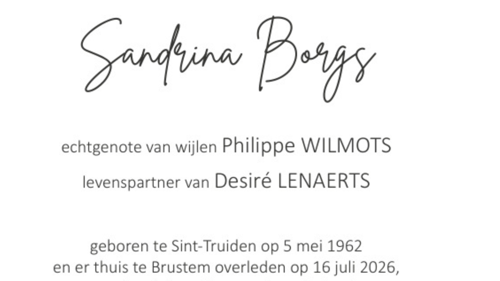 Overlijdensbericht van Sandrina Borgs