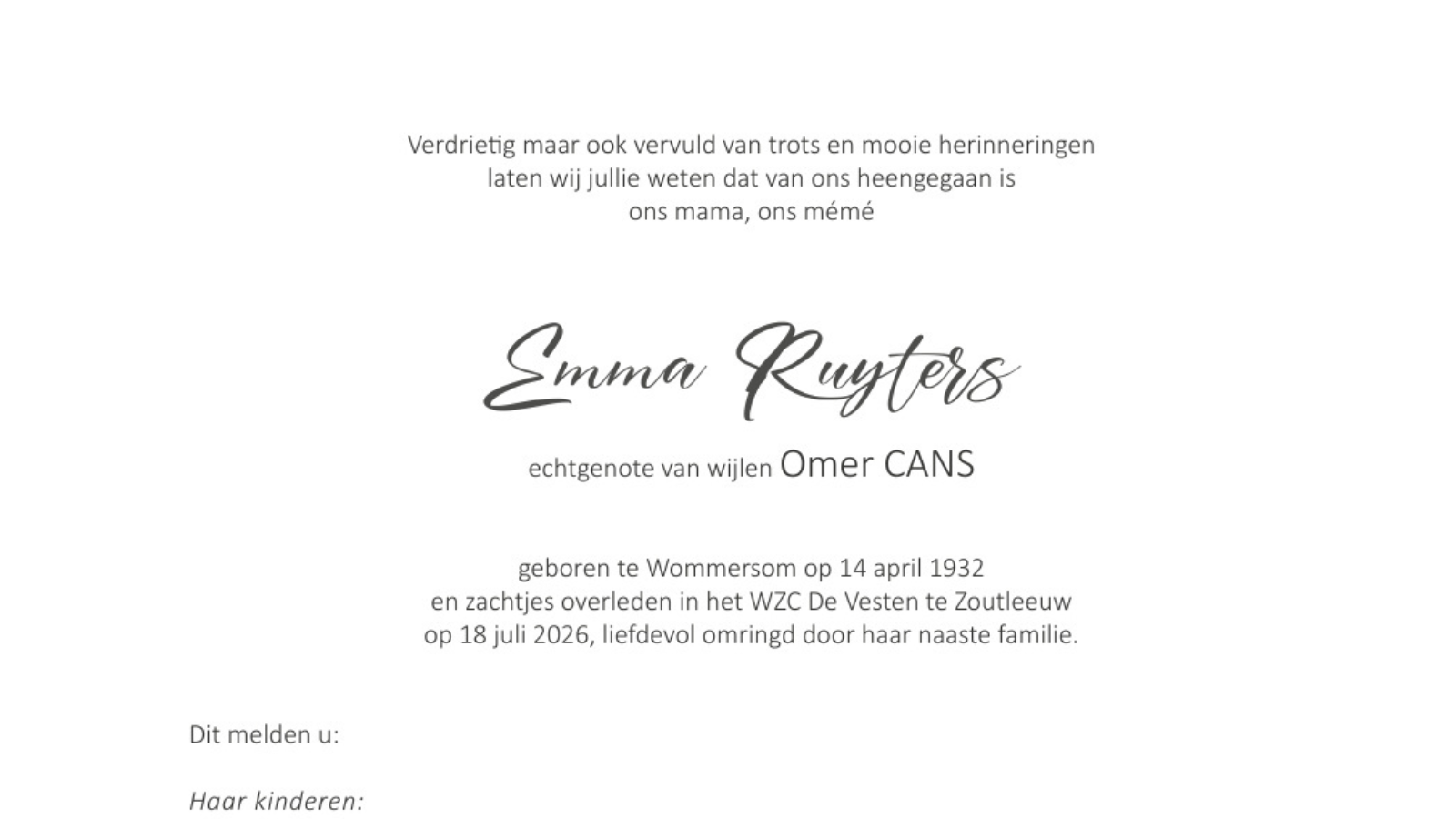 Overlijdensbericht van Emma Ruyters