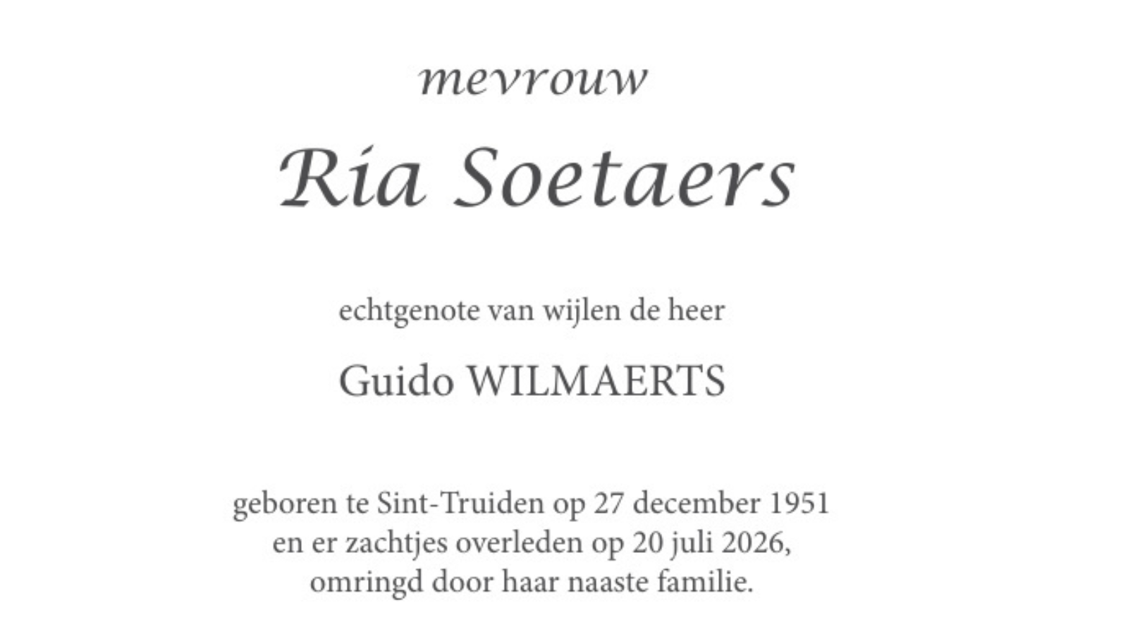 Overlijdensbericht van Ria Soetaers