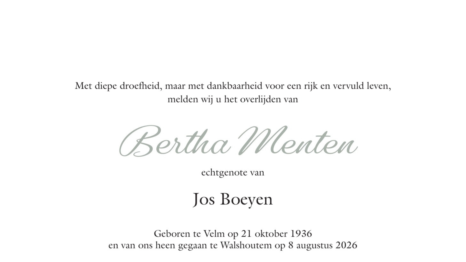 Overlijdensbericht van Bertha Menten