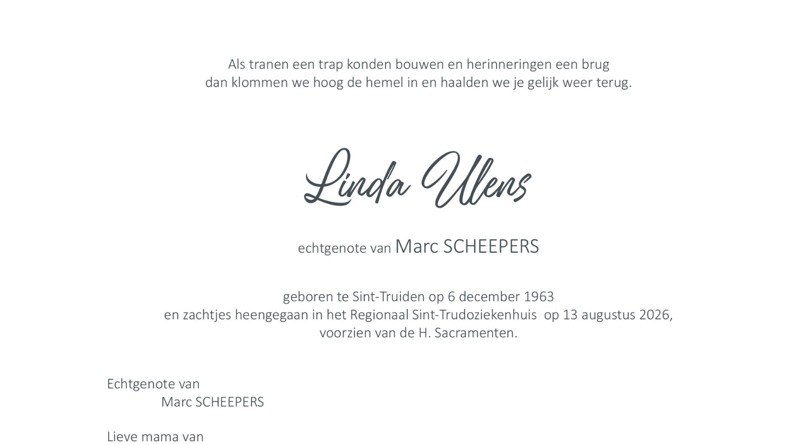 Overlijdensbericht van Linda Ulens
