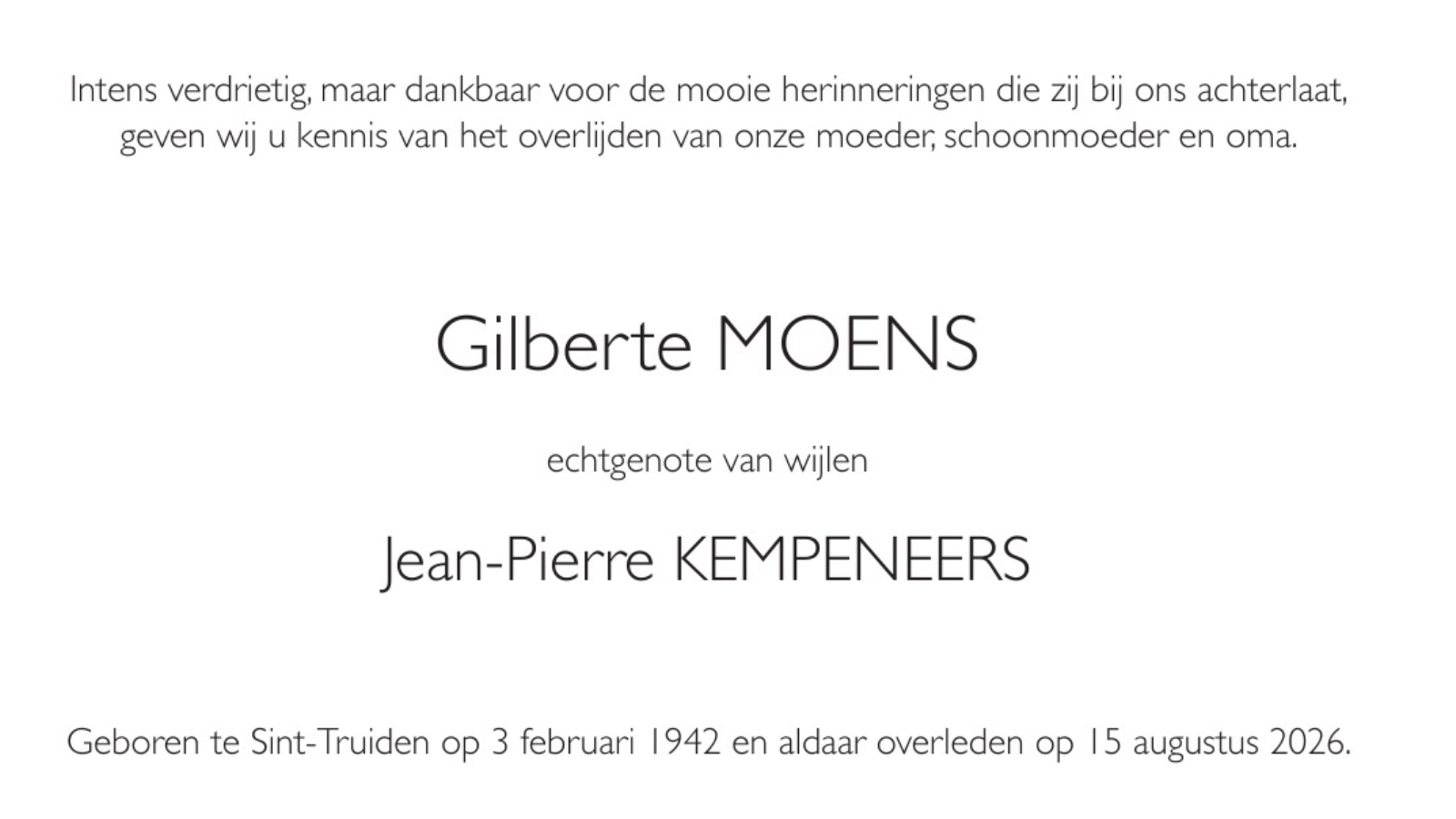 Overlijdensbericht van Gilberte MOENS