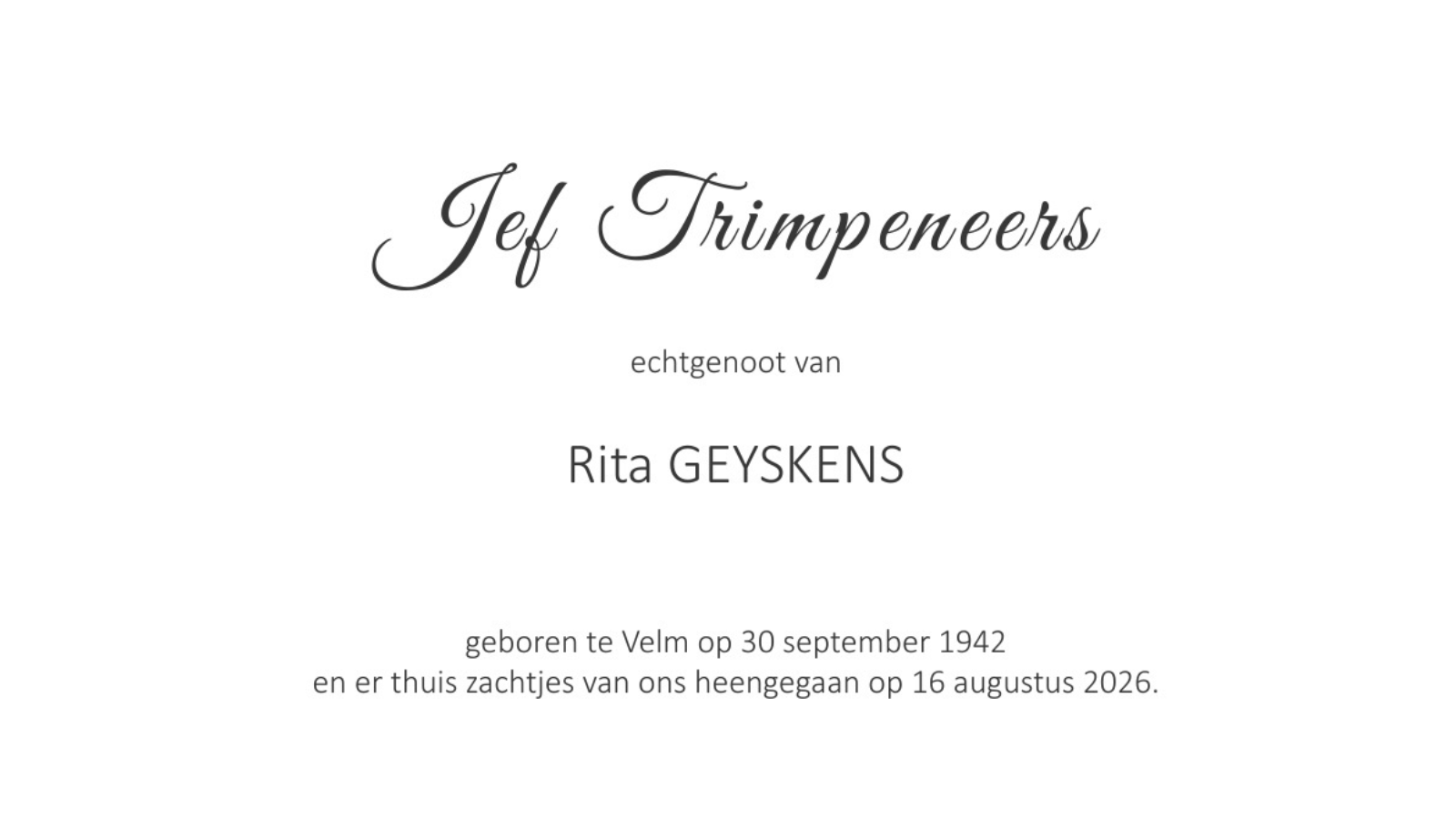 Overlijdensbericht van Jef Trimpeneers