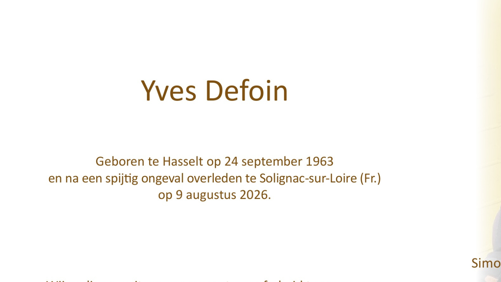 Overlijdensbericht van Yves Defoin