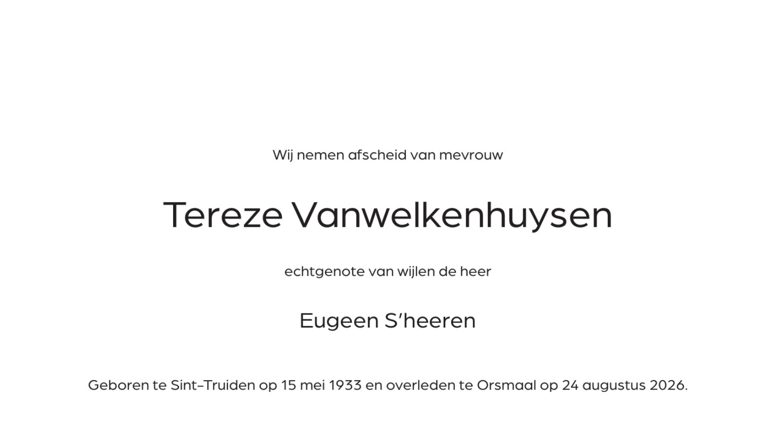 Overlijdensbericht van Tereze Vanwelkenhuysen