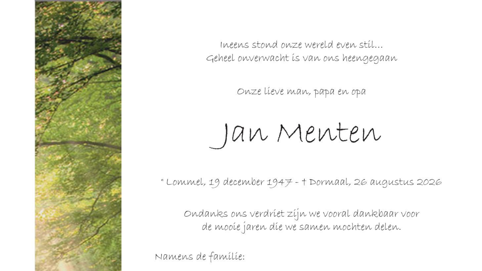Overlijdensbericht van Jan Menten