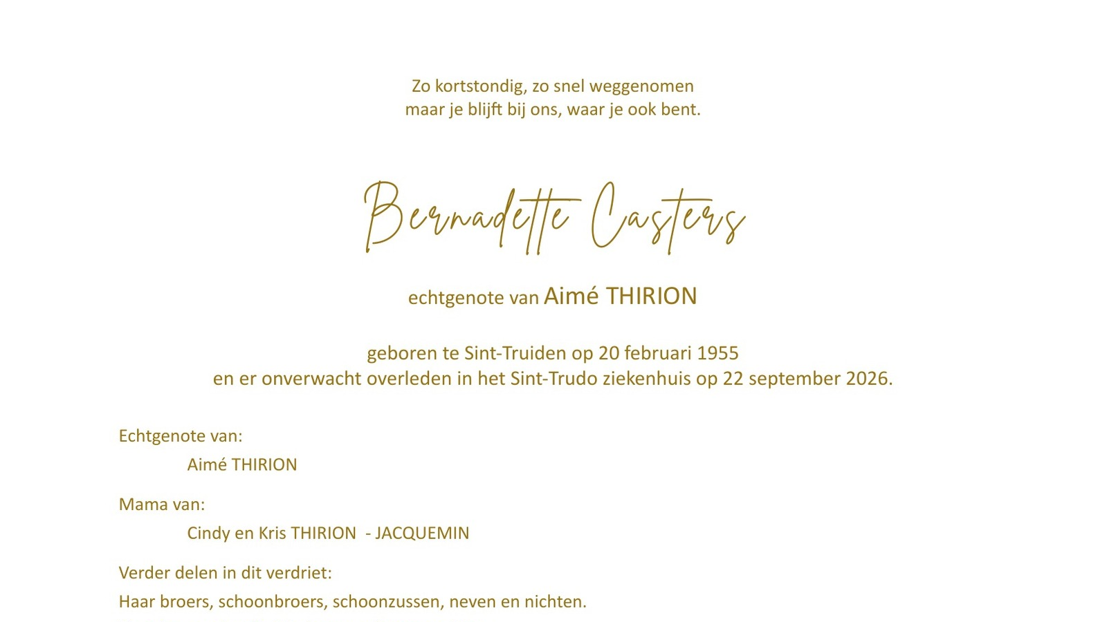 Overlijdensbericht van Bernadette Casters
