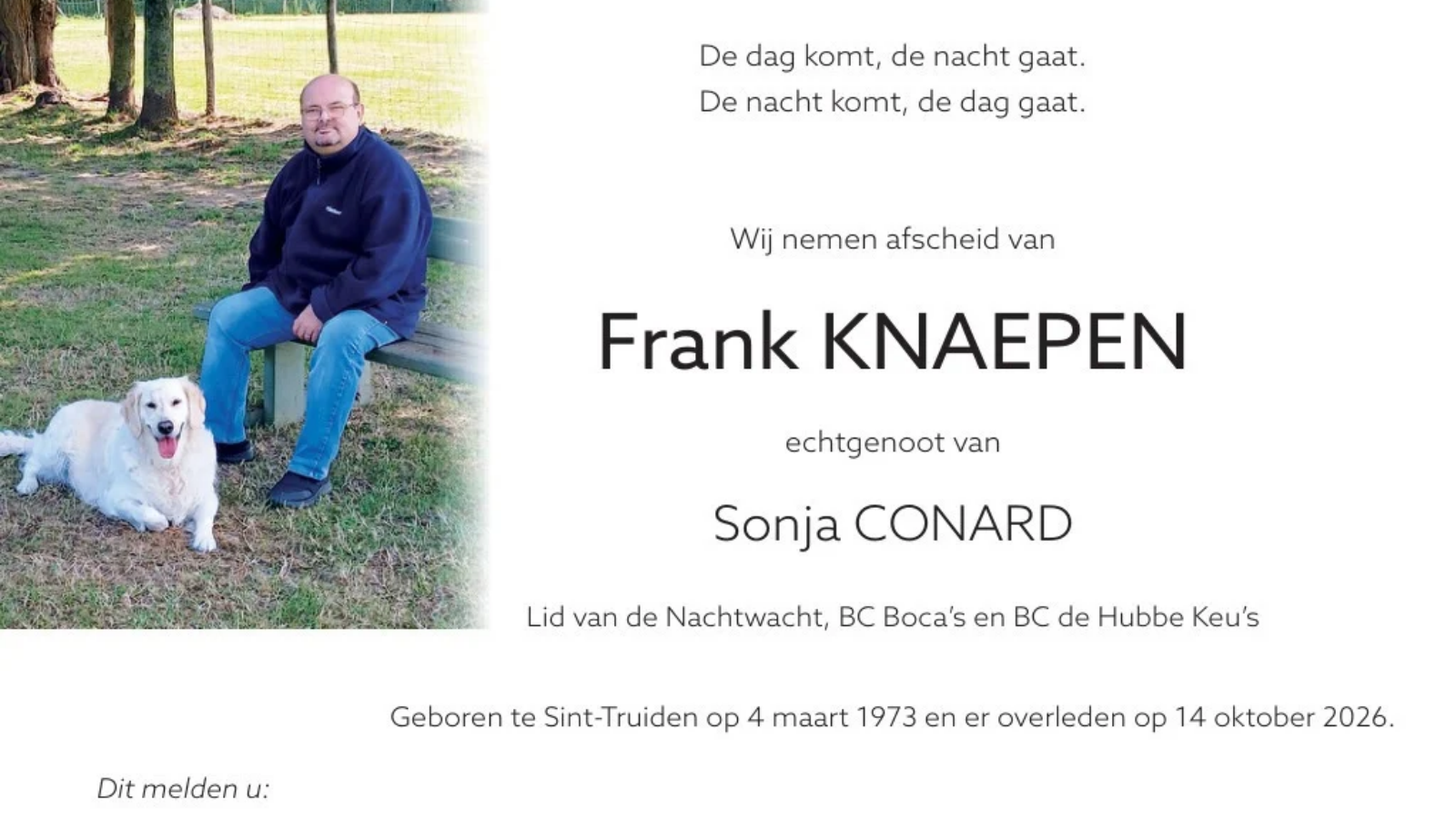 Overlijdensbericht van Frank KNAEPEN